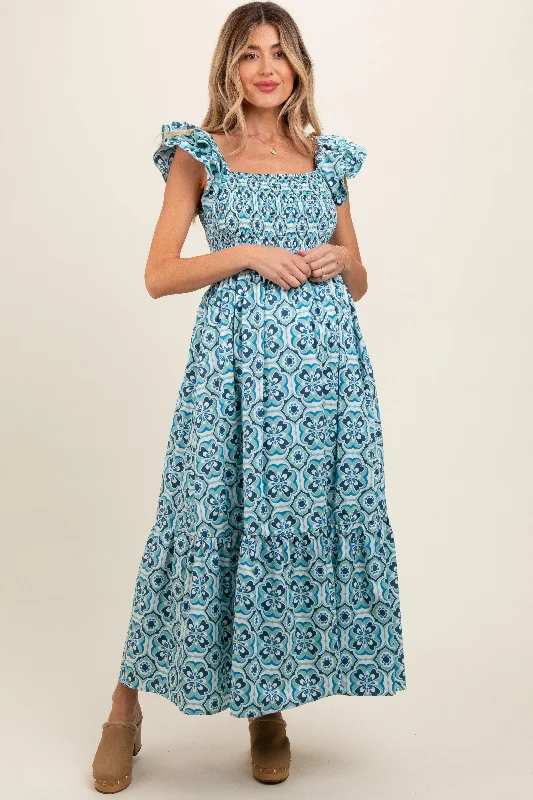 Blue Floral Smocked Flutter Cap Sleeve Maternity Maxi Dress