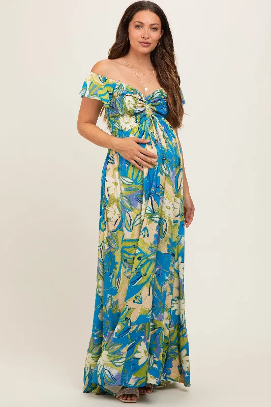 Blue Floral Smocked Off Shoulder Maternity Maxi Dress