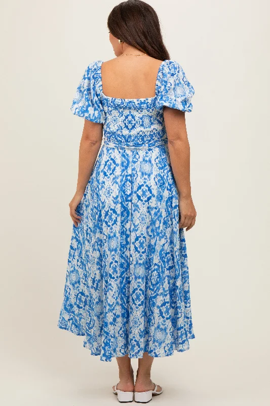 Blue Floral Smocked Short Puff Sleeve Maternity Midi Dress