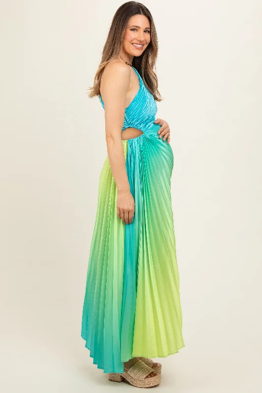 Blue Ombre Pleated Asymmetrical Maternity Maxi Dress