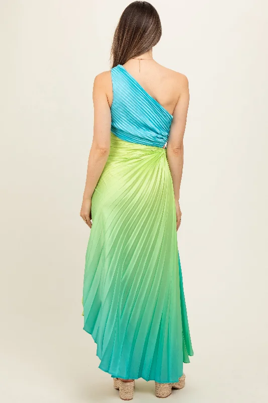 Blue Ombre Pleated Asymmetrical Maternity Maxi Dress