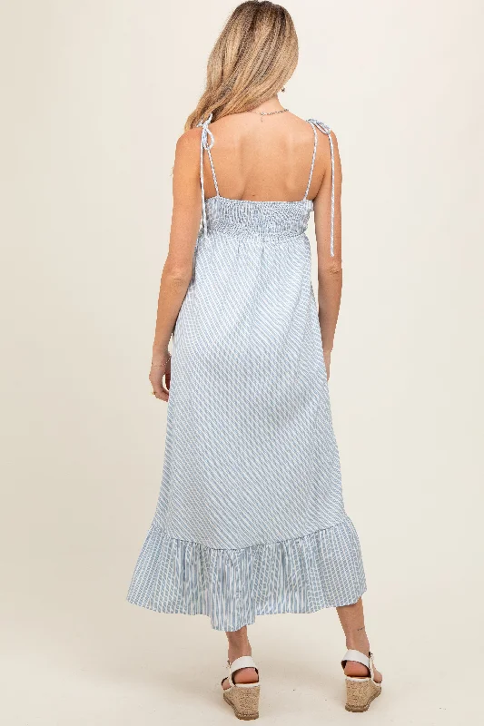 Blue Striped Tie Strap Maternity Maxi Dress