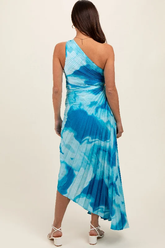 Blue Watercolor Satin Pleated One-Shoulder Asymmetrical Maternity Midi Dress