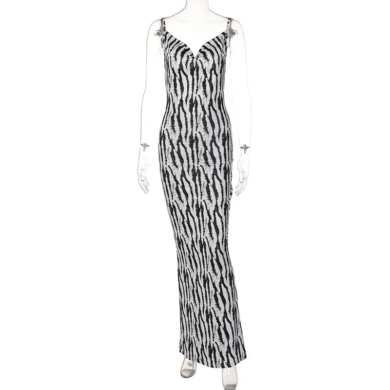 Bomblook QWDS52 Zebra Print Women Strap Backless Slit Bodycon Sexy Party Elegant Casual Clothing Evening Maxi Dress