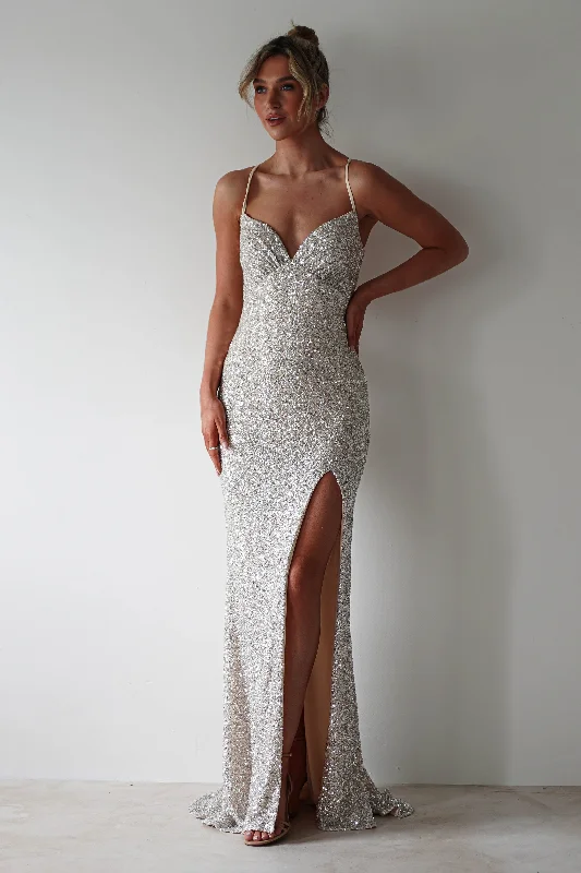 Clarisse Bodycon Sequin Gown | Champagne Silver