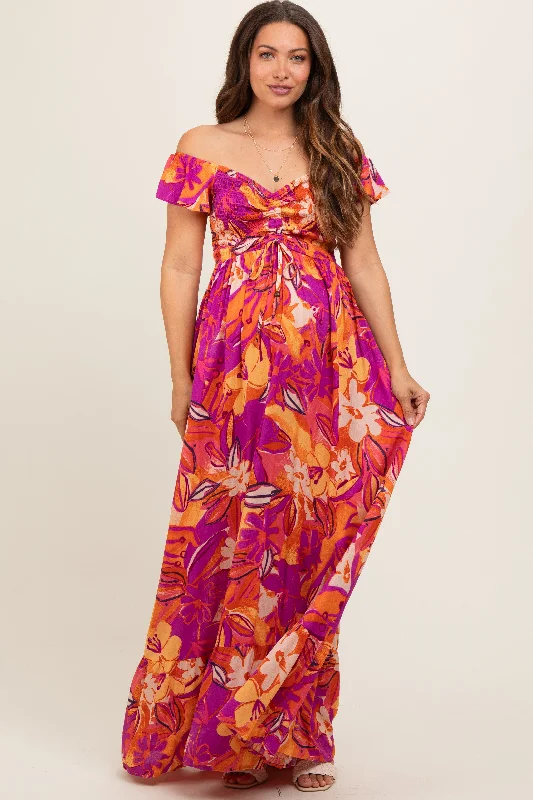 Coral Floral Smocked Off Shoulder Maternity Maxi Dress