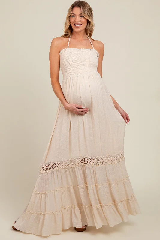 Cream Smocked Open Back Maternity Maxi Dress