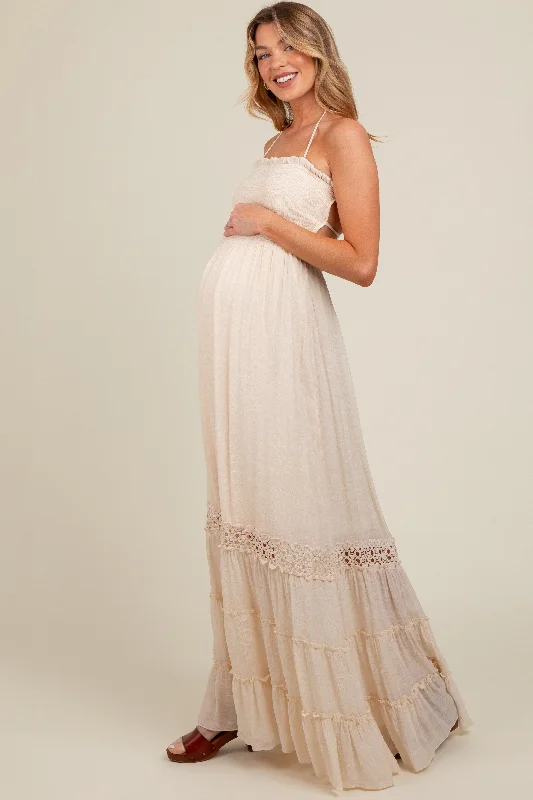 Cream Smocked Open Back Maternity Maxi Dress