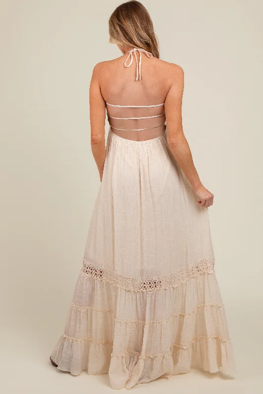 Cream Smocked Open Back Maternity Maxi Dress