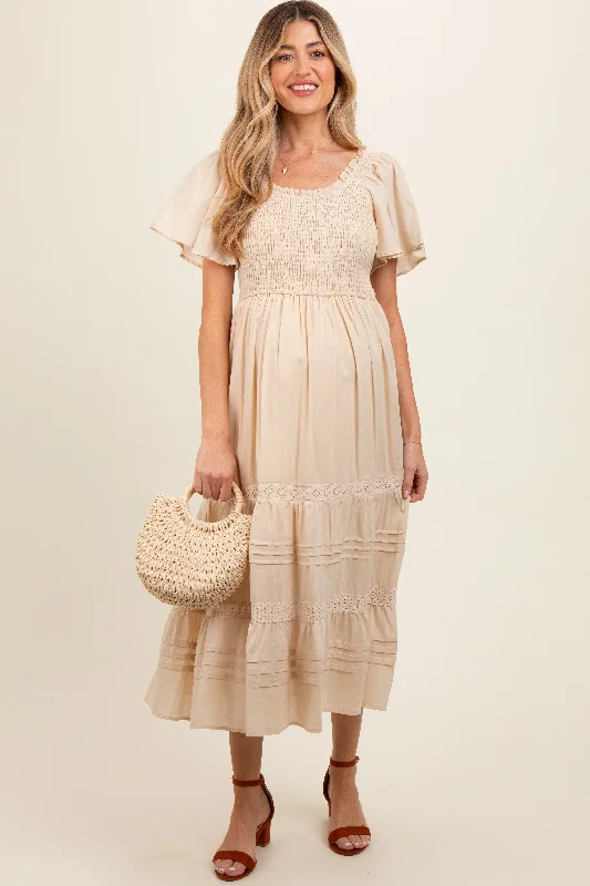 Cream Smocked Short Sleeve Maternity Midi Dress