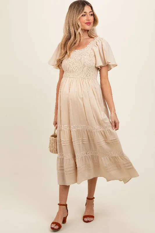 Cream Smocked Short Sleeve Maternity Midi Dress