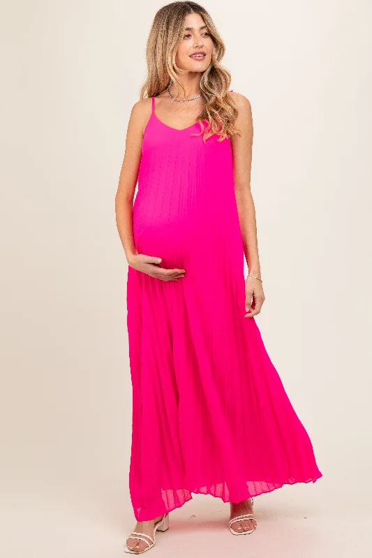 Fuchsia Pleated Sleeveless Maternity Maxi Dress