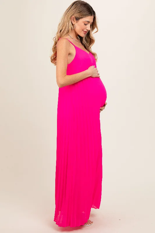 Fuchsia Pleated Sleeveless Maternity Maxi Dress