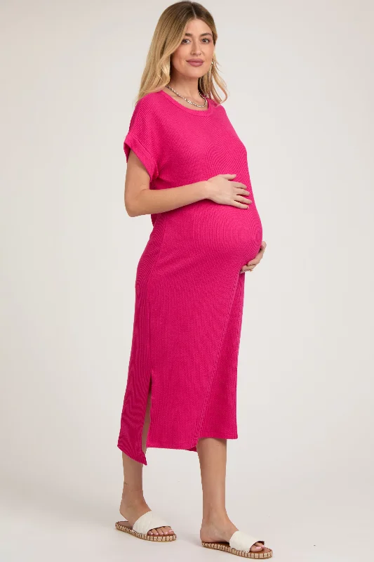 Fuchsia Ribbed Short Sleeve Maternity Midi Dress