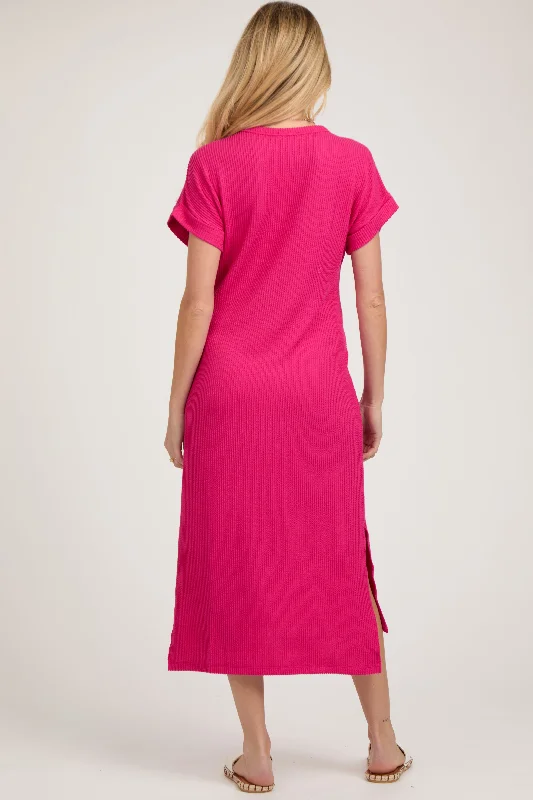 Fuchsia Ribbed Short Sleeve Maternity Midi Dress