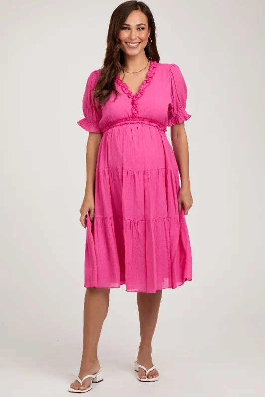 Fuchsia Ruffle Trim Tiered Maternity Dress