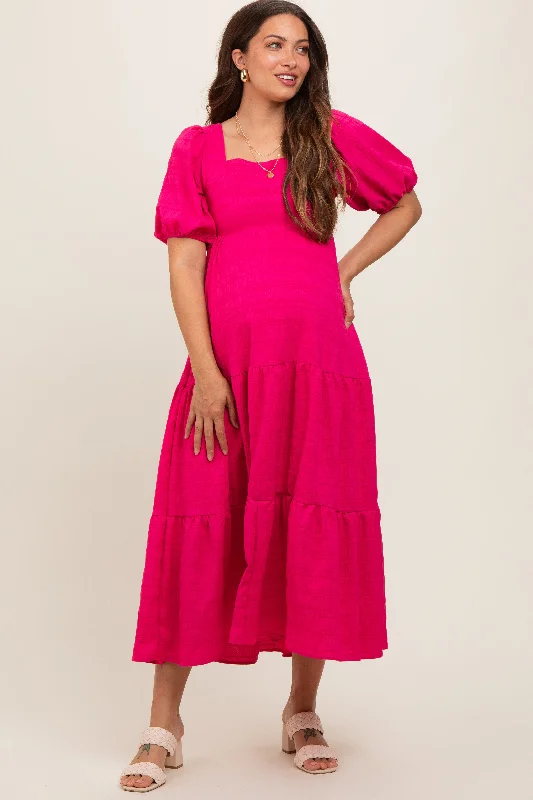 Fuchsia Textured Maternity Tiered Midi Dress