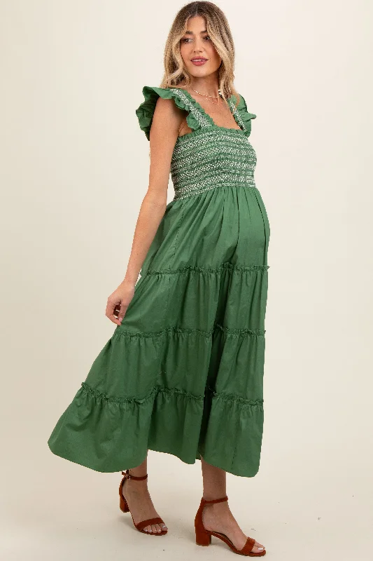 Green Embroidered Smocked Maternity Midi Dress