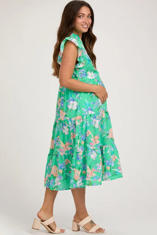 Green Floral Ruffle Tiered Maternity Dress