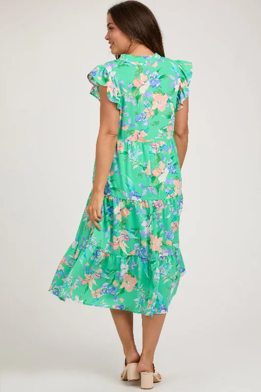 Green Floral Ruffle Tiered Maternity Dress