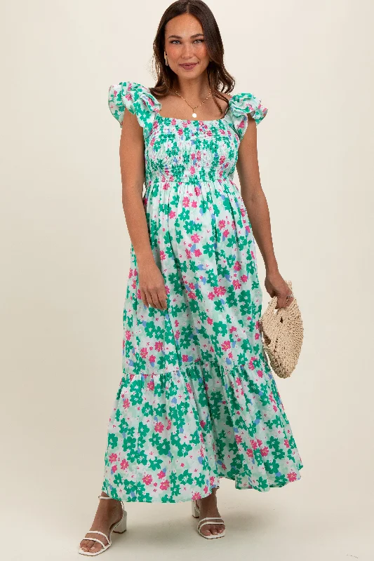 Green Floral Smocked Ruffle Sleeve Maternity Maxi Dress