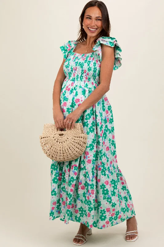 Green Floral Smocked Ruffle Sleeve Maternity Maxi Dress