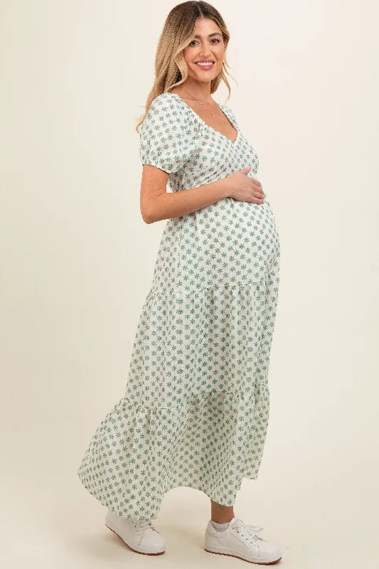 Green Floral Tiered Maternity Maxi Dress