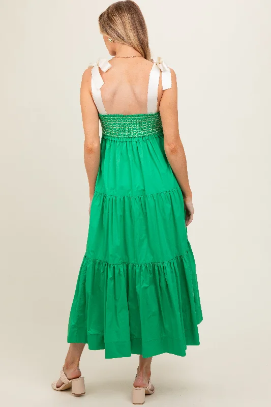 Green Ribbon Strap Tiered Maternity Maxi Dress