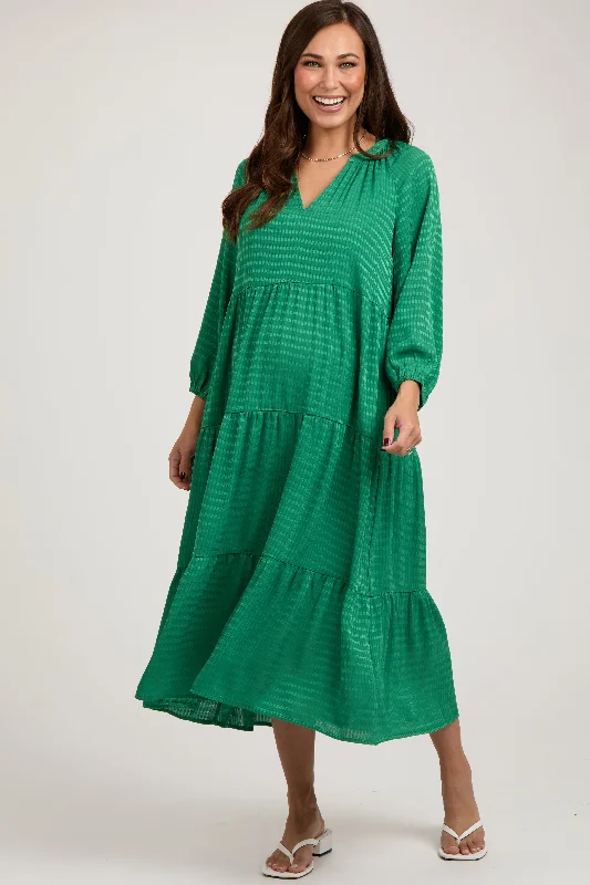 Green Textured Tiered Maternity Midi Dress