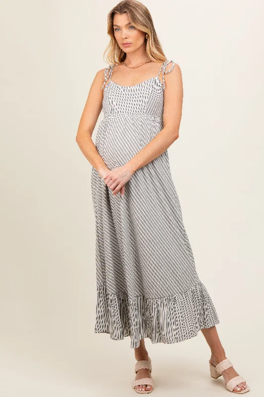 Grey Striped Tie Strap Maternity Maxi Dress