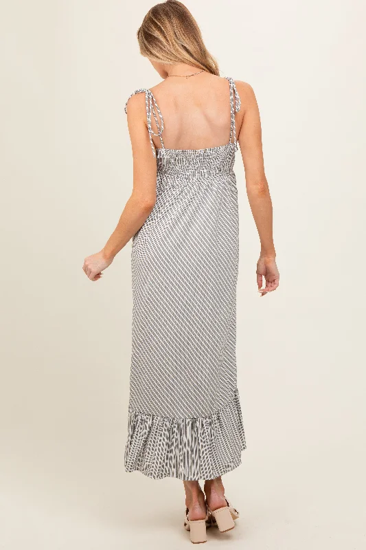 Grey Striped Tie Strap Maternity Maxi Dress