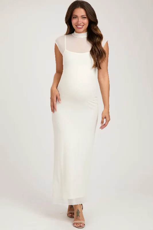 Ivory Mock Neck Sleeveless Mesh Maternity Midi Dress