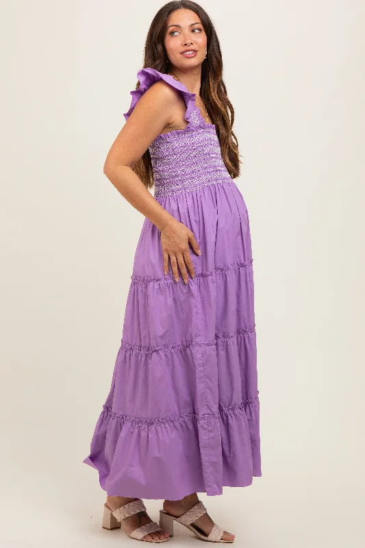 Lavender Embroidered Smocked Maternity Midi Dress