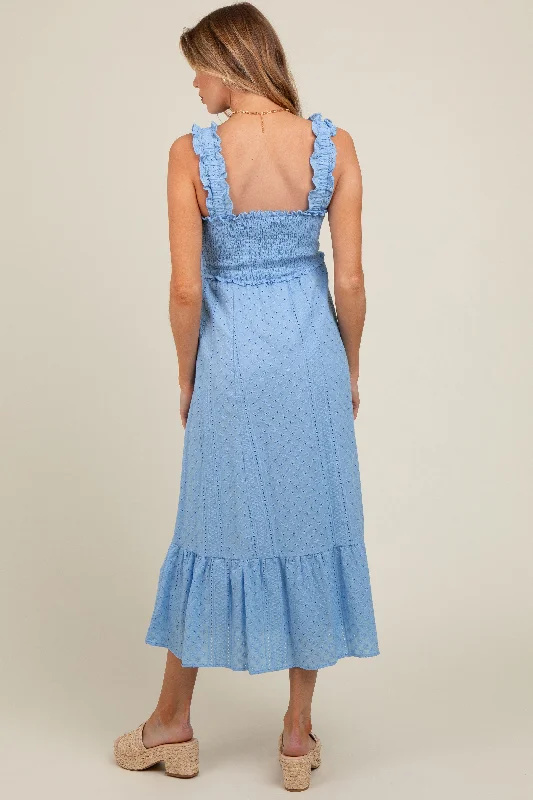 Light Blue Eyelet Smocked Square Neck Maternity Midi Dress