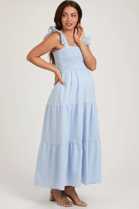 Light Blue Sleeveless Smocked Tiered Maternity Maxi Dress