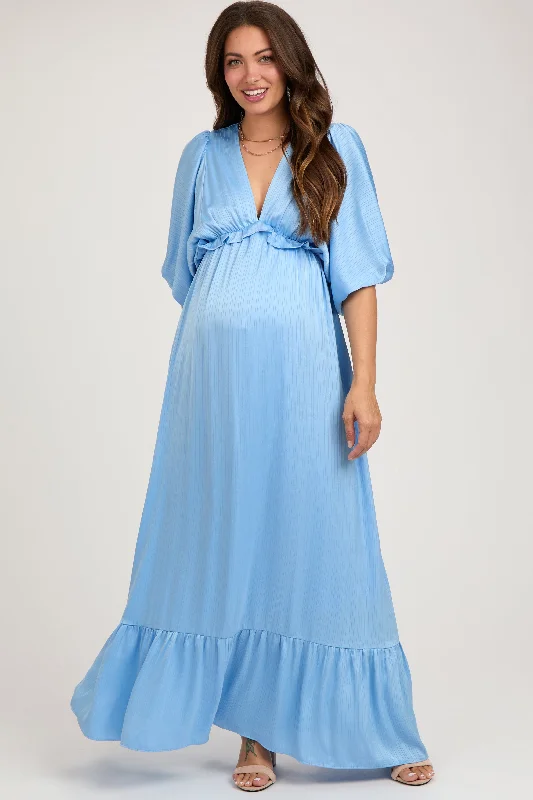 Light Blue Striped Ruffle Accent Maternity Maxi Dress