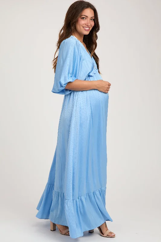 Light Blue Striped Ruffle Accent Maternity Maxi Dress