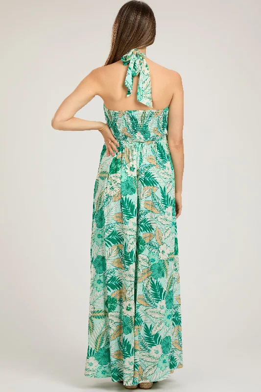 Light Blue Tropical Print Cutout Halter Neck Maternity Maxi Dress