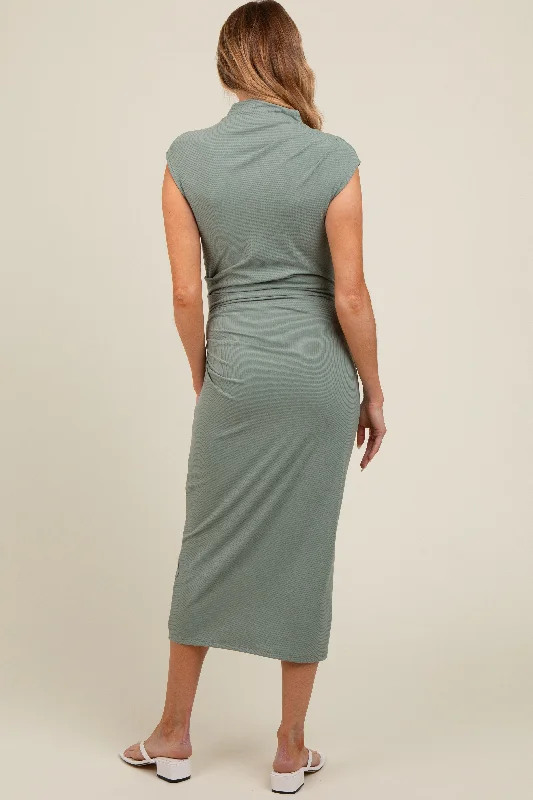 Light Olive Ribbed Maternity Ruched Midi Dress