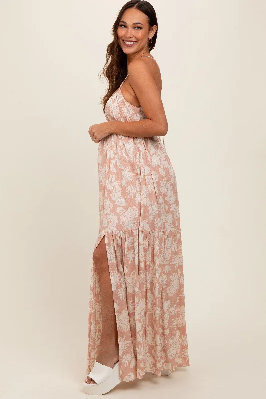 Light Pink Foral Front Cutout Open Cross Back Maternity Maxi Dress