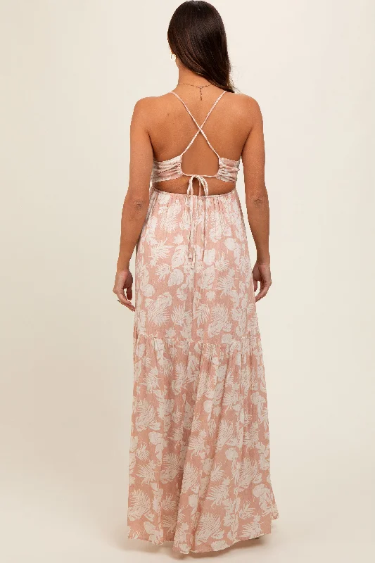 Light Pink Foral Front Cutout Open Cross Back Maternity Maxi Dress