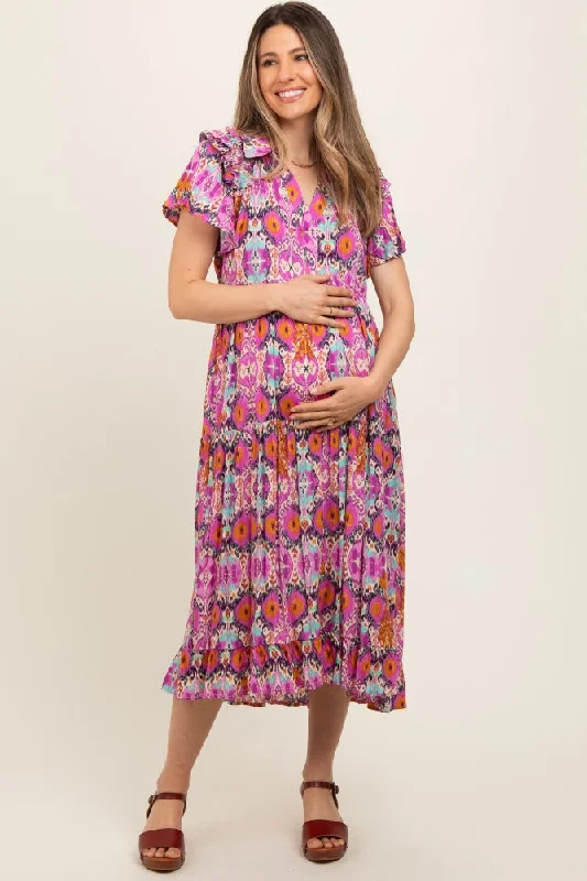 Magenta Print Ruffle Accent Maternity Midi Dress