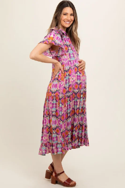 Magenta Print Ruffle Accent Maternity Midi Dress