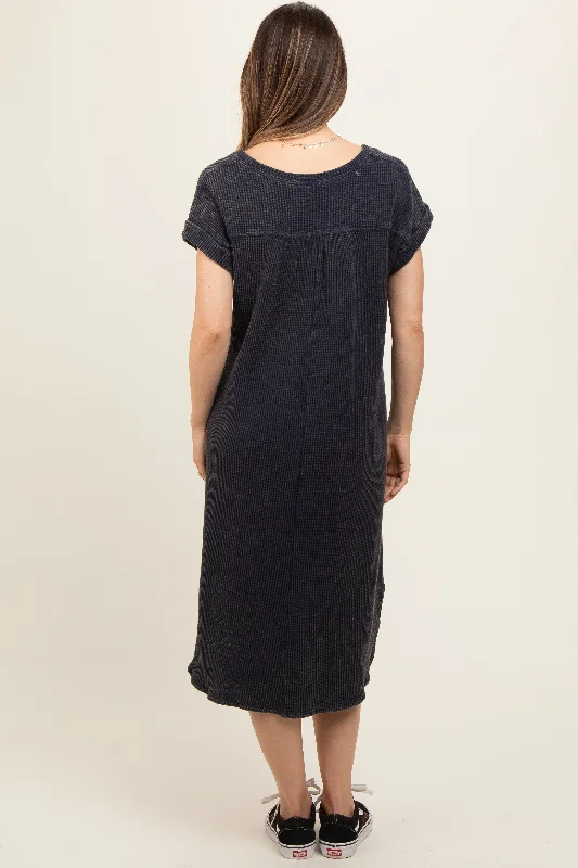 Navy Blue Waffle Knit Short Sleeve Maternity Dress