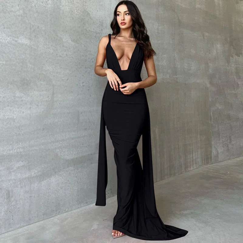 New Trending Ruched backless Sexy Halter Dresses Sleeveless Bodycon Maxi Long Dress Summer Elegant Dress