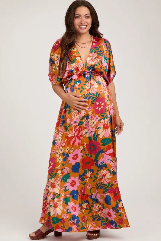 Orange Floral Satin Deep V-Neck Puff Sleeve Maternity Maxi Dress