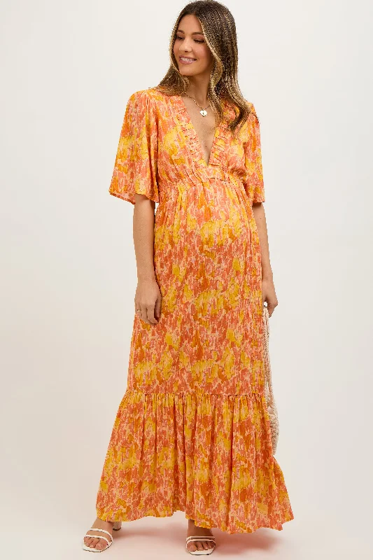 Orange Print Back Cutout Maternity Maxi Dress