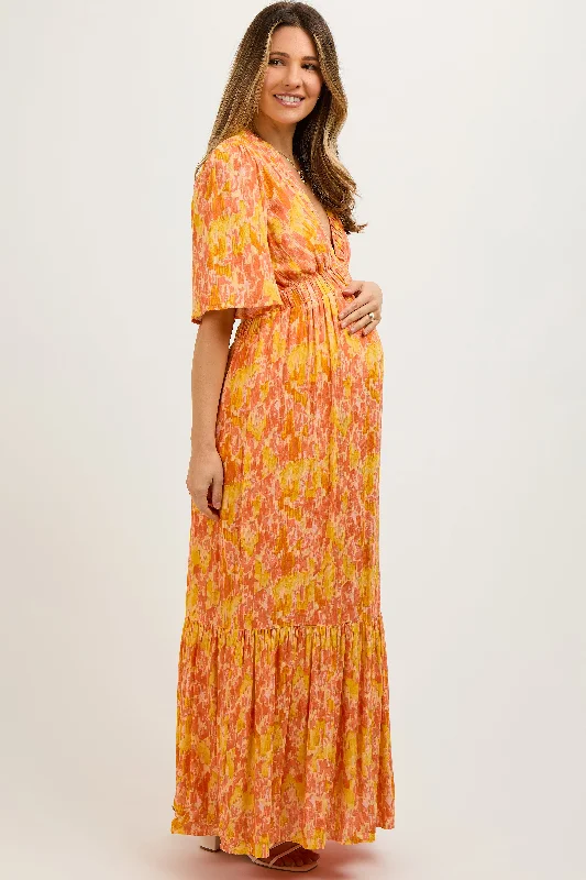 Orange Print Back Cutout Maternity Maxi Dress