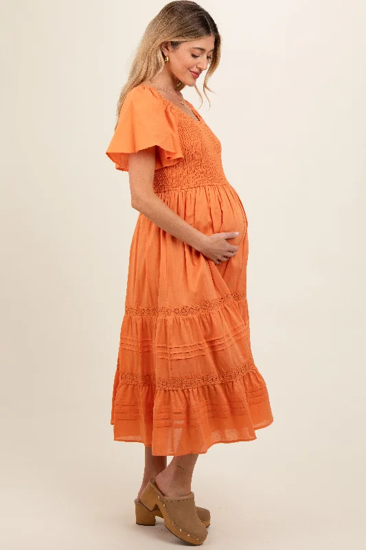 Orange Smocked Short Sleeve Maternity Midi Dress