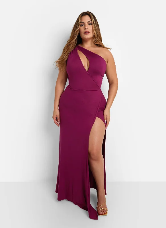 Pandora One Shoulder Keyhole Maxi Bodycon Dress - Berry